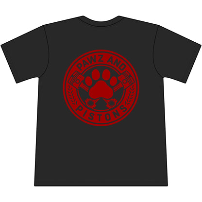 Pawz and Pistons Pocket Tee — Vintage Paw Print Auto Logo T-Shirt