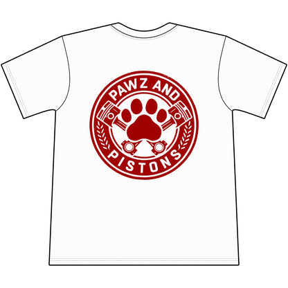 Pawz and Pistons Pocket Tee — Vintage Paw Print Auto Logo T-Shirt